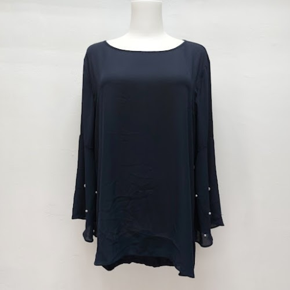 LOFT Blouse Women's Large Navy Blue Pearl Bell Sleeve‎ Pearlcore Romantic